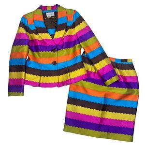 Lily & Taylor Womens Color Block Striped Scalloped Blazer Skirt Suit Set Size 4